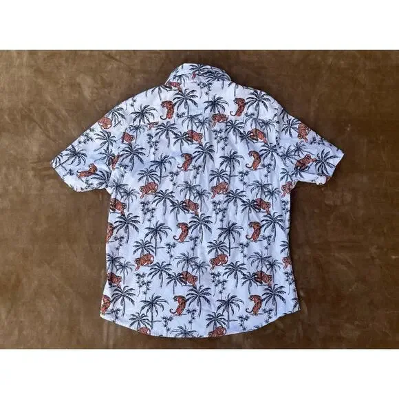 Goodfellow&Co Short Sleeve Collared Button Down Tiger Palm Tree Shirt Men L Slim - Picture 2 of 7